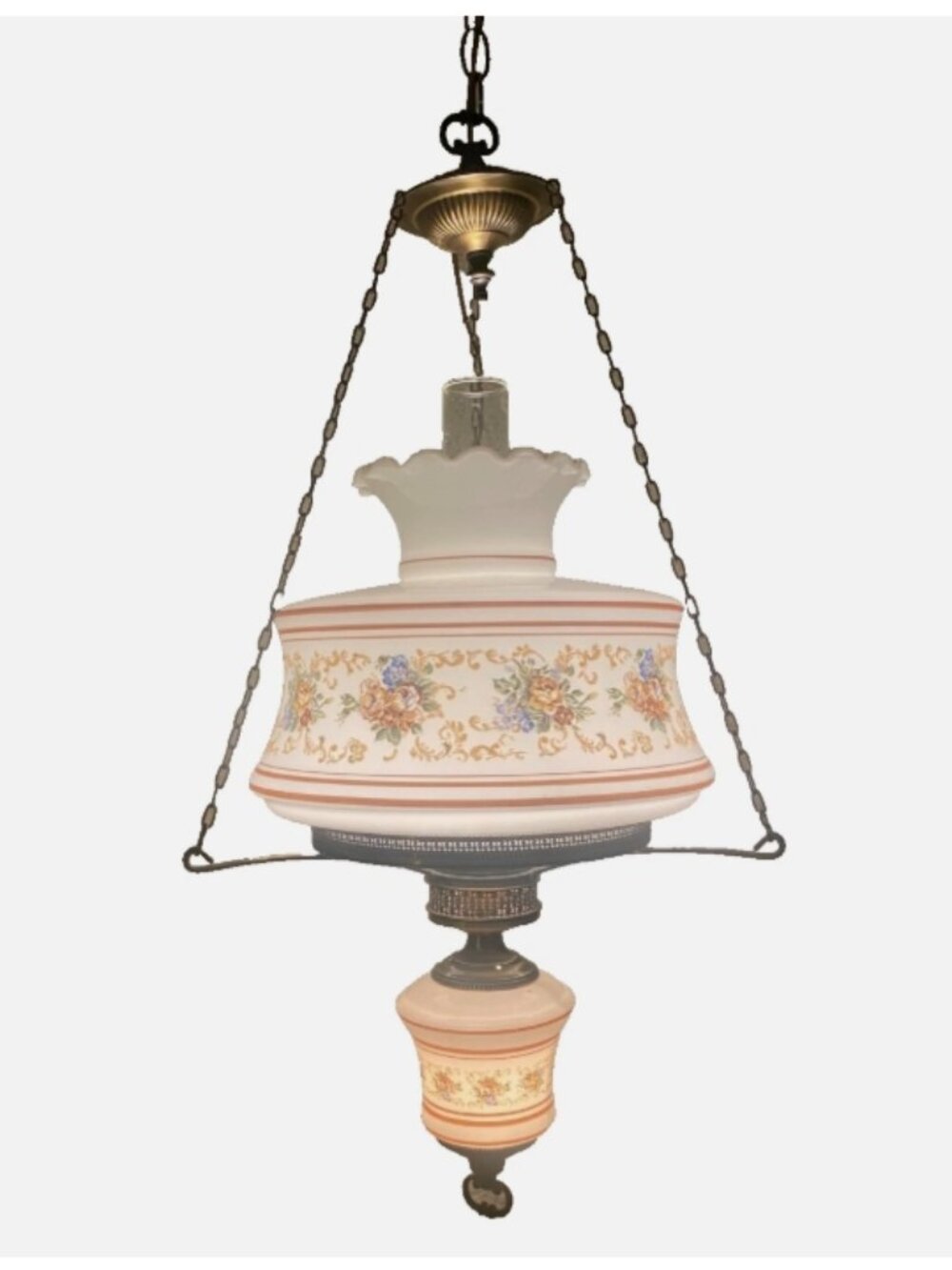 XL Vintage 3 Way GWTW Milk Glass Brown Floral Hurricane Lamp Hanging Swag Light